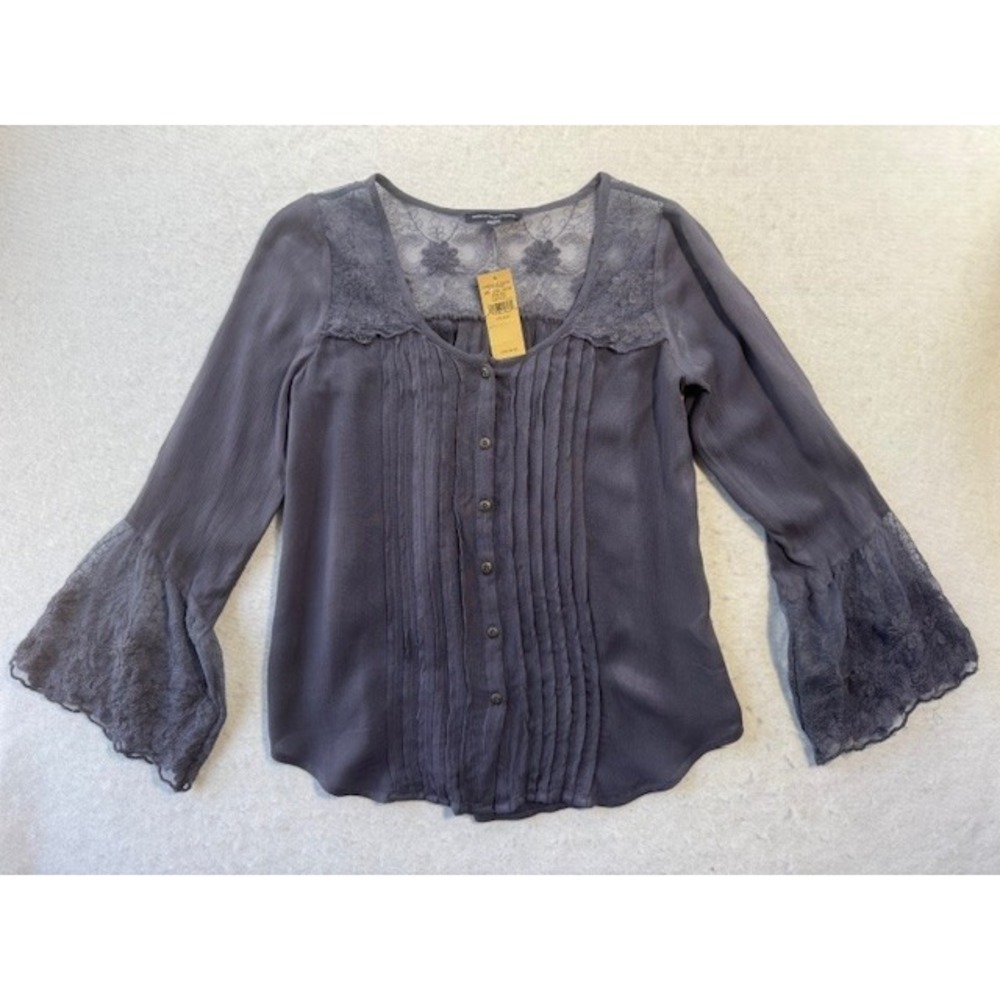 American Eagle Lace Babydoll Top XXS Blue Cottage Boho Rustic Soft‎ Bell Sleeve